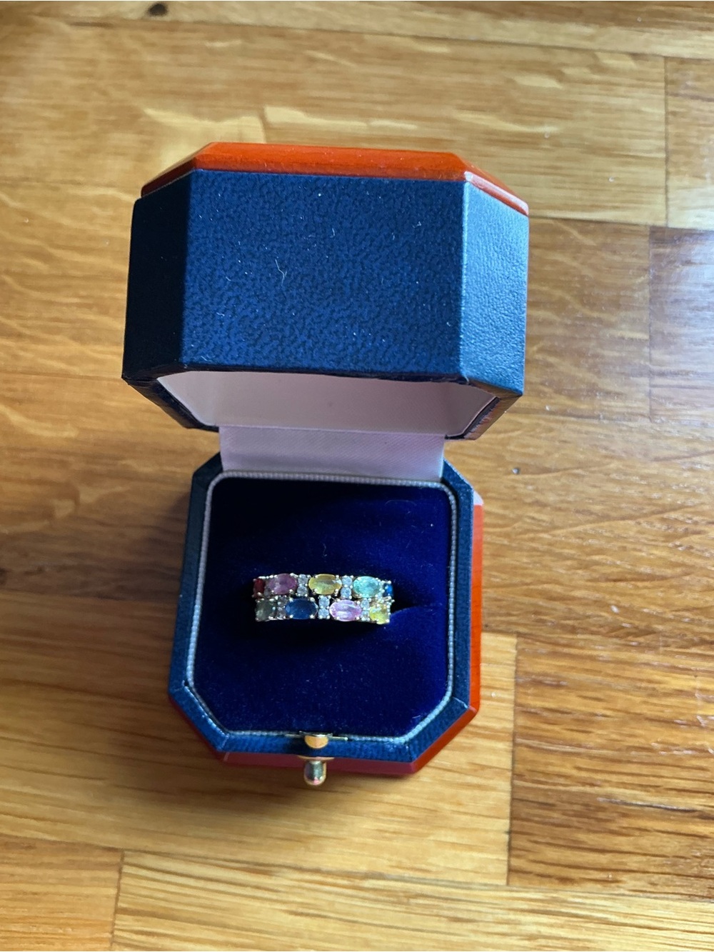 Beautiful double semi eternity ring with 9 sapphires,diamonds and 14k yellow